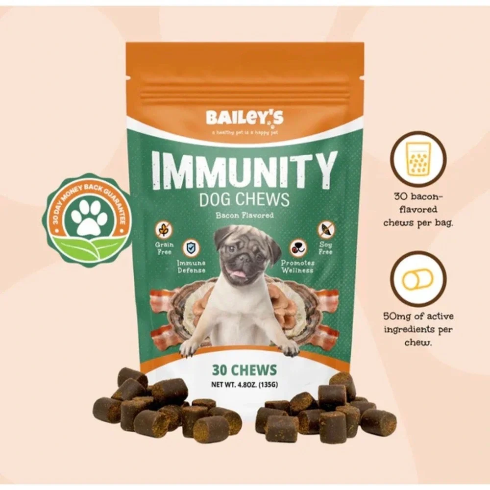 Baileys Immunity Dog Chews 2Pack Bacon Flavor Mushroom Colostrum Grain Free 60ct